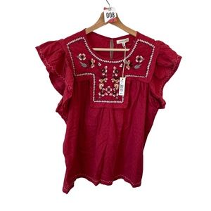 Max Studio Large Red Embroidered Ruffle Detail Blouse New - 008